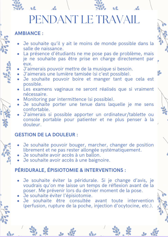 Projet de naissance personnalisable